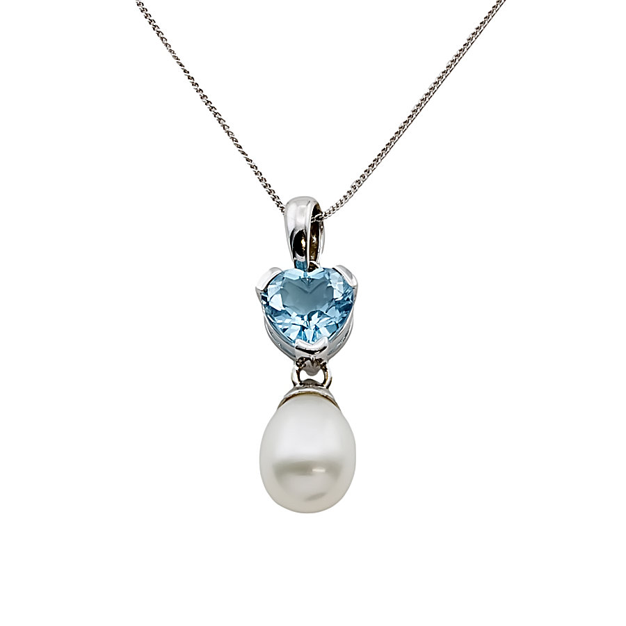 9ct White Gold B.topaz/Pearl Pendant with Chain